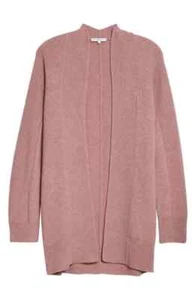 VINCE BOILED CASHMERE OPEN RIB TRIM CARDIGAN-HEATHER MAUVE ORCHID-SZ:L-BRAND NEW - Picture 1 of 8