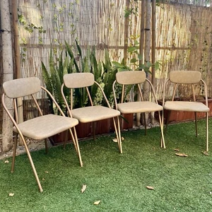 Hamilton Cosco Stylaire Vintage Folding Chairs Atomic MCM 1950s Beige, Set of 4 - Picture 1 of 21