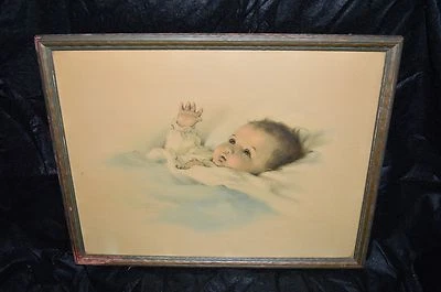 De Colección Bessie Pease Gutmann "Despertar" Bebé Color Litografía Impresión Enmarcada Foto 1 de 4