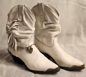 Vintage 80s CAPEZIO Women's Size 5.5 M White Leather Fringe Cowboy Western Boots - Picture 1 of 10