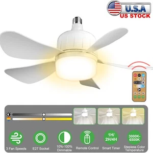 Socket Fan Light with Remote, 3-Speed Dimmable LED White Socket Ceiling Fan - Picture 1 of 17
