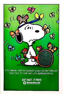 METLIFE—SNOOPY PLAYING TENNIS—RETIREMENT BUTTERFLIES—1988 MAGAZINE PRINT AD - Picture 1 of 1