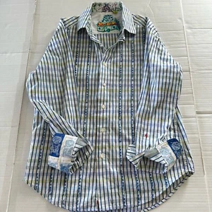 Robert Graham Mens M Embroidered & Striped Button Up Long Sleeve Flip Cuff Shirt - Picture 1 of 15