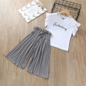 Summer Girls Clothing Sets T-shirt +Ruffle Loose Pants Suit Pleasant Comfortable - Picture 1 of 13