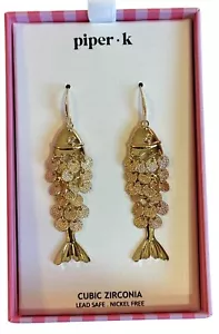 NIB Piper K. Tinned Fish Sardine Gold CZ Stones Moving Scales Dangle Earrings - Picture 1 of 4