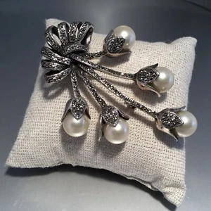 "Broche vintage de perlas de marcaita de plata de ley Estate - aprox. 2,5"" L" - Imagen 1 de 6
