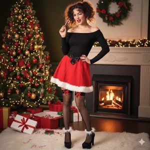 Santa Skirt – With Love Derek–Faux Fur Trim + Bow – Holiday Mini Skirt – Size S - Picture 1 of 9