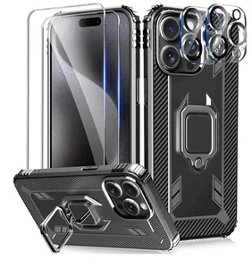 5-in-1 Case For iPhone 15 Pro Max Kickstand 2x Screen & Lens protectors Black - Picture 1 of 4