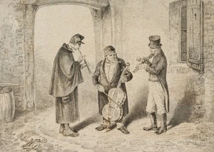 T. HOSEMANN (1807-1875), Drei herumziehende Musikanten,  1839, Radierung - Bild 1 von 8