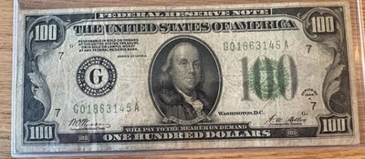 1928 U.S. 100 Dollars Federal Reserve Note Green Seal  lucky 7 100$ bill  - Image 1 of 4