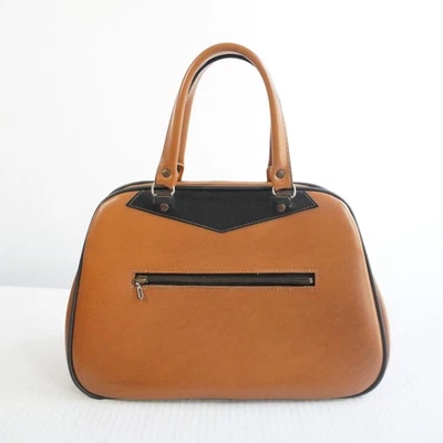 Vintage Tan Black Accent Satchel Bowling Handbag Top Handle Zipper Pocket Mod - Image 1 of 4