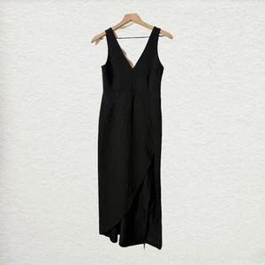 NWT Abercrombie & Fitch Black Plunge V-Neck Midi Dress S Formal Minimalist Slit - Picture 1 of 10