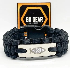 Jesus Ichthys Fish Christian Symbol Paracord Bracelet with Black 550 Paracord - Picture 1 of 2