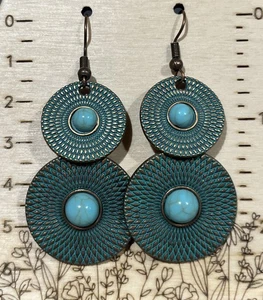 Indigenous Made Metal Blue Bronze Alloy Dangle Earrings Stocking Stuffer Gift K - Picture 1 of 1