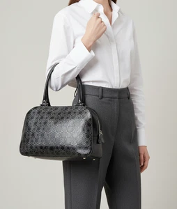 Salvatore Ferragamo Gancini Satchel Black Gray Logo Embossed Leather Shoulder - Bild 1 von 16