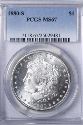 GEM BU 1880-S 摩根银元 PCGS 评级 MS67 奶油白色和原始! KZMMQ 银色 — 第 1/4 张图片