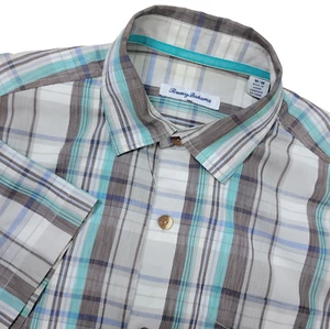 Tommy Bahama Para Hombres Mediano Marrón Azul Marfil Cuadros Abotonados Manga Corta Seda - Imagen 1 de 7