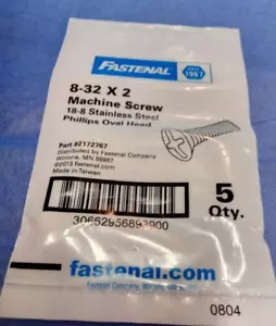8-32 X 2 Machine Screw GRD 18-8 Stainless Steel 5 Qty Phillips Oval Head C45c - Picture 1 of 2