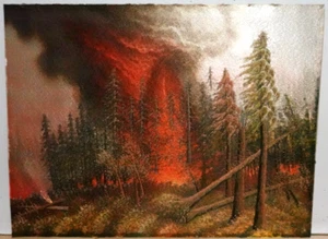 TAPIZ BORDADO SEDA JAPONÉS PINTURA INCENDIO FORESTAL SIN FIRMAR - Imagen 1 de 8