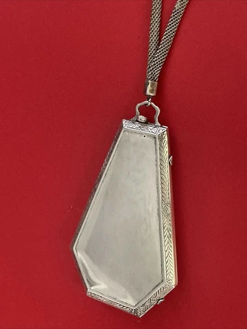 Antique Art Deco Nickel Silver Bell Shaped Compact Case Purse with Mesh Chain Cover