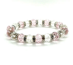 Pink & Clear Faceted Resin Crystal Beaded Stretch Bracelet Austrian Czech CZ - Picture 1 of 2