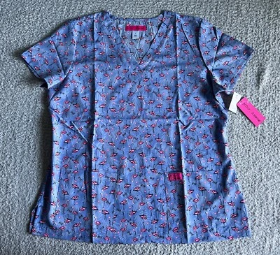 Koi Betsey Johnson Scrub Top Women’s Sz Large Blue Tropical Flamingo Nursing - Image 1 of 4