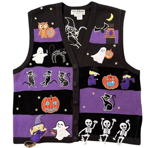 JACK BE QUICK Halloween Sweater Vest Size XL Black Knit Cat Ghost Pumpkin Beaded - Picture 1 of 16