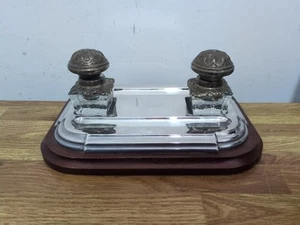 Vintage Art Deco Plated Inkwell Stand W/2 X Cur Glass Inkwells, 1920s VGC - Picture 1 of 10