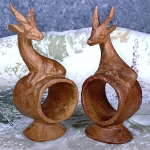 Vintage Handcarved Pair African Antelope Wood Napkin Rings Set Safari Animals - Picture 1 of 12