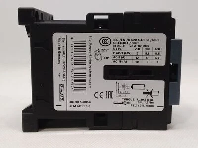CONTACTOR SIEMENS 3RT20174BB42, AC-3, 5.5KW/400V, 1NC, DC 24V, 3 POLOS Foto 1 de 4