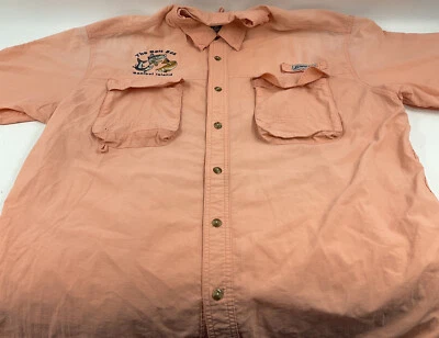 Bimini Bay 男式 XL 桃色橙色短袖钓鱼衬衫鱼饵盒 Sanibel Isl — 第 1/4 张图片