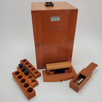 1961 Tiyoda Type "L" Binocular Microscope Wooden Box w/Inserts Accessories Key - Image 1 of 4