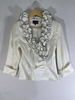 Blusa vintage para mujer blanca negra con volantes satinados talla 6 romántica victoriana EE. UU. Foto 1 de 4