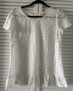 Lilly Pulitzer Darla Schößchen Top weiß Ösen Blumen Spitze Häkel Schleife Größe L GUC - Bild 1 von 6
