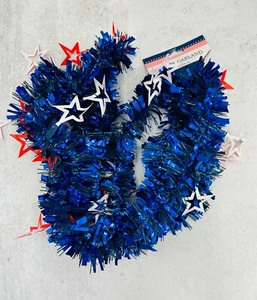 1 PK Blue Tinsel With Red & White Stars Garland Patriotic 4th July Decor 9ft USA - Picture 1 of 1