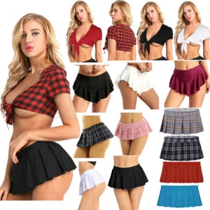 Sexy Women Tie Up Crop Top Mini Plaid Pleated Skirt Cosplay Skating Dance Outfit - Picture 1 of 118