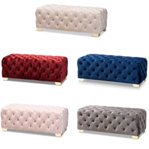 48" Button-Tufted Glam Velvet Bench Ottoman Gold Stainless Legs - 5 colors! - Picture 1 of 42