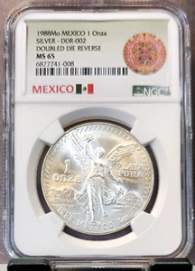 1988 MEXICO SILVER LIBERTAD 1 ONZA DOUBLED DIE DDR 002 NGC MS 65 RARE GEM BU - Picture 1 of 3