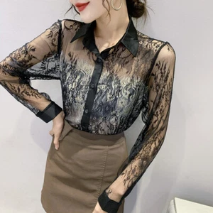 Ladies Sheer Lace Shirt Hollowed Blouse Button Long Sleeve Top Sexy Party Chic - Picture 1 of 8