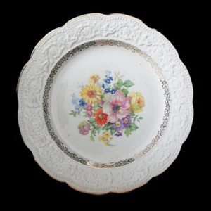 Edwin M Knowles China Co 10" Dinner Plate Floral Embossed Edge Gold Trim 6 Avail - Picture 1 of 5