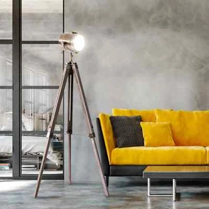 Industrial Tripod Floor Lamp Wood Height Adjustable Spotlight - Bronze - Picture 1 of 10