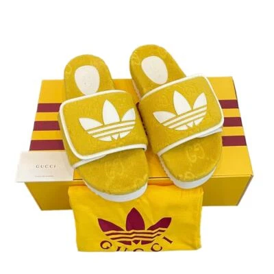GUCCI x ADIDAS 女式 GG 厚底凉鞋黄色棉海绵尺寸 40/US 10 全新 — 第 1/4 张图片