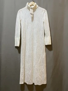 NWT ZARA Women Long Sleeve Turtleneck Wool Blend Jacquard Midi Dress SZ XS Cream - Picture 1 of 20