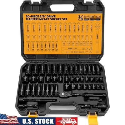 50pc 3/8 Drive Impact Socket Set Chrome Vanadium Durable High Torque Tools New - Image 1 of 4