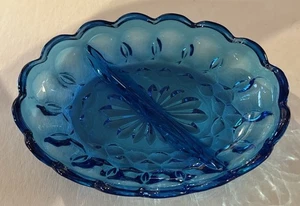 1970s Anchor Hocking Fairfield Laser Electric Blue Glass Divided Dish - Picture 1 of 6