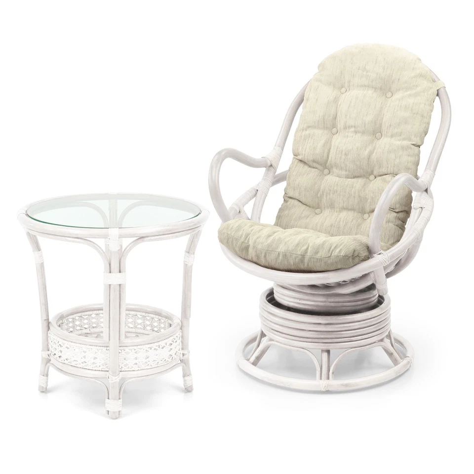 套装 Java 手工制作设计藤条柳条椅白色靠垫带茶几 — 第 1/1 张图片