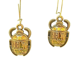 New   SCARAB  Beetle w/ Golden Crystals  Copper-tone Dangle Earrings  1.75" Long - Picture 1 of 3