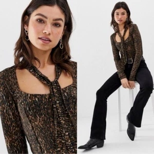 Free People Wild Thing Leopard Print Top M Medium Animal Tie Neck Long Sleeve - Picture 1 of 8