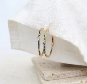 Gold Rainbow Hoop Earrings Colourful Crystal Hoops Gift For Her - Picture 1 of 9
