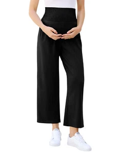 Women's Maternity Trousers Elastic Waist Wide Leg Loose Pregnancy Palazzo Pants - Picture 1 of 28